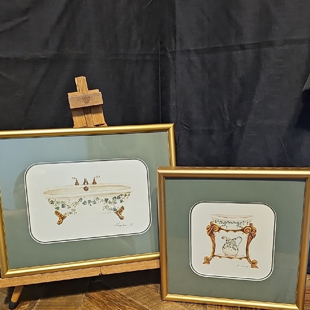 Gold Framed Art Prints with Green Matting- Bathroom Art.